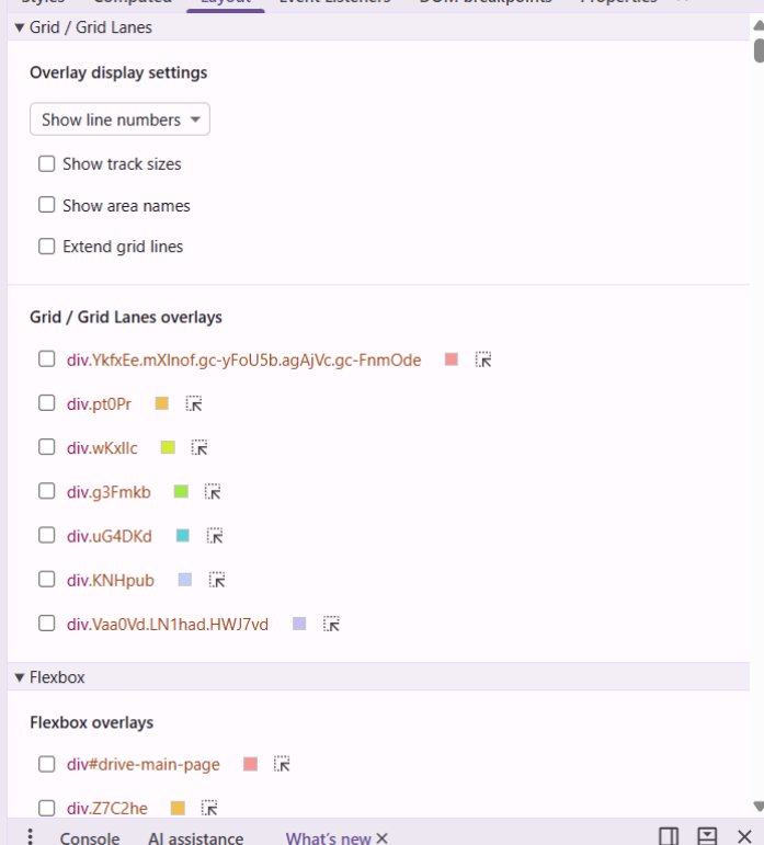 DevTools mostrando Grid y Flexbox en Google Drive