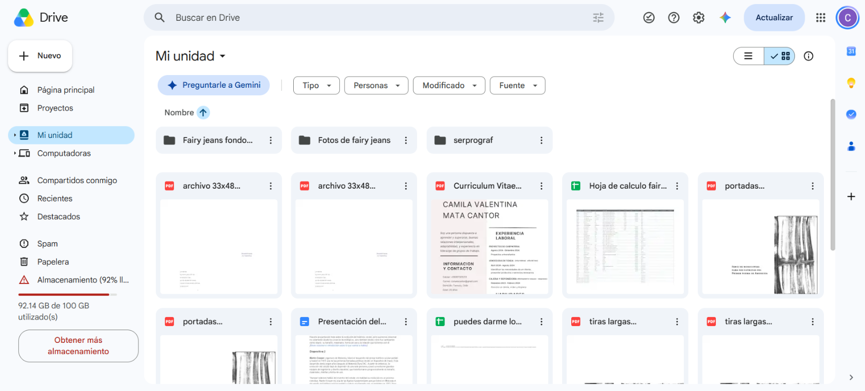 Interfaz de Google Drive en escritorio