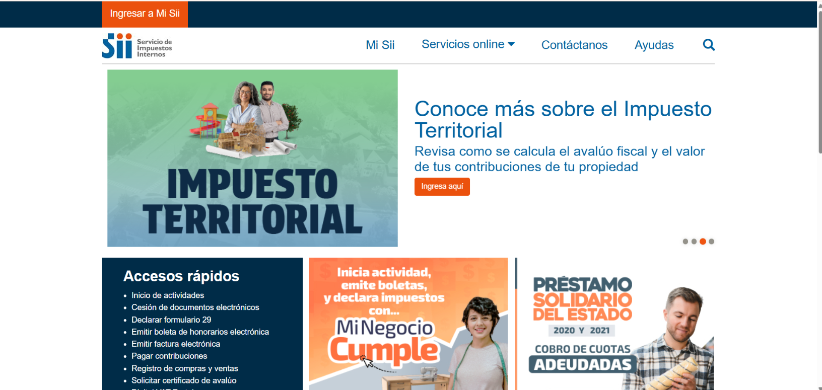 Página de inicio del SII en formato escritorio