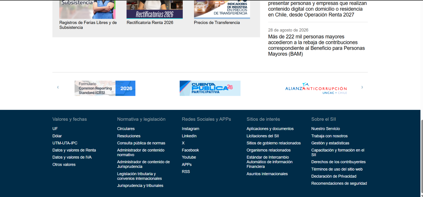 Footer de la página del SII