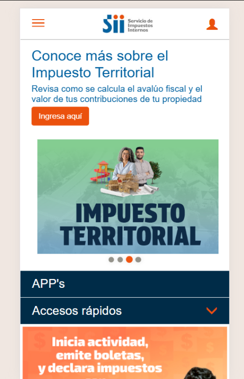 Página del SII con ancho de pantalla reducido